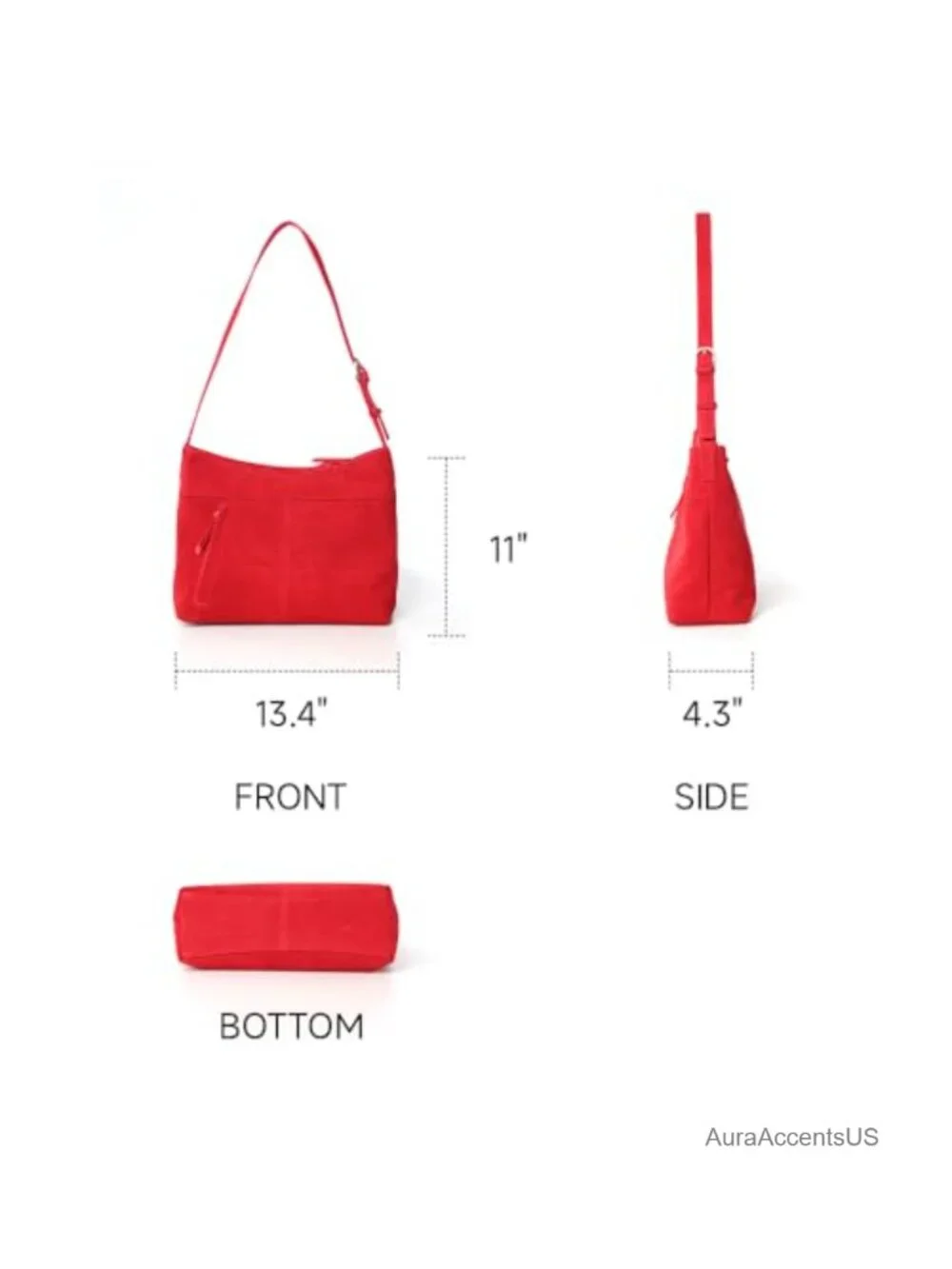 Genuine Suede Leather Hobo Shoulder Crossbody Bag, Zip Top, Adjustable Strap